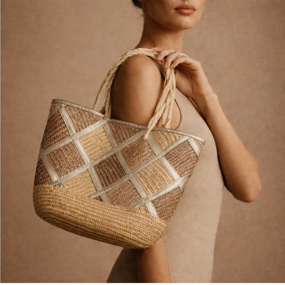 Elegant Tan and Brown Woven Tote Summer Essential Metallic Detailing